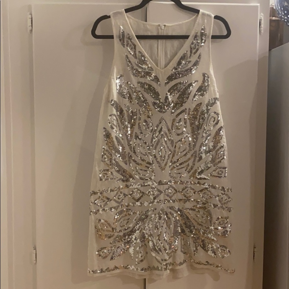 Calypso Silver Sequin Linen Mini Shift Dress - image 1